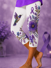 Women's Purple Floral & Hummingbird Print Alzheimer's Awareness Support Cropped Leggings