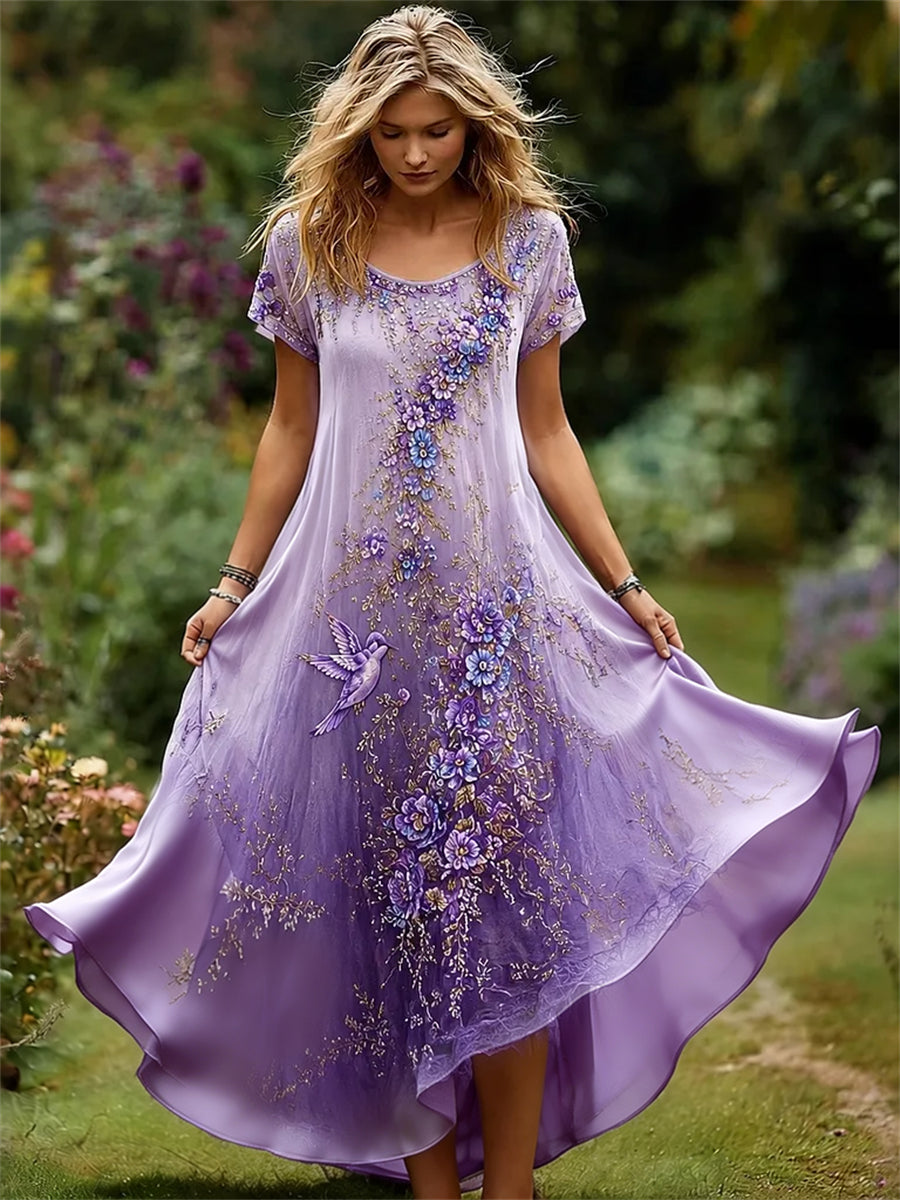 Women's Classy Humming Bird Purple Floral Gradient Print Flowy Maxi Dress