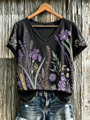 Women's purple plant flower pattern printed casual T-shirt