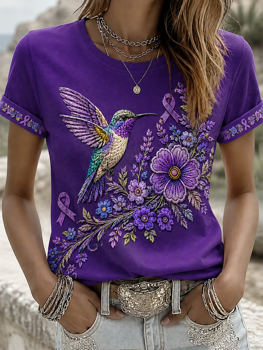 Women's Purple Floral & Hummingbird Print Alzheimer's Awareness Support Tee