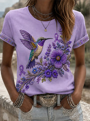 Women's Purple Floral & Hummingbird Print Alzheimer's Awareness Support Tee