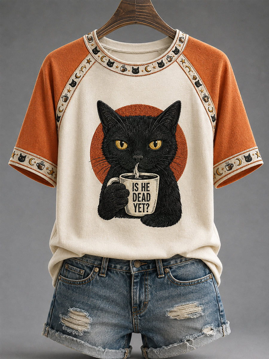 Women's Is He Dead Yet? Funny Dark Humor Black Cat Print Tee