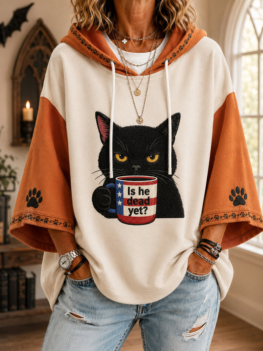 Women’s Is He Dead Yet? Funny Dark Humor Black Cat Print 3/4 Sleeve Hoodie