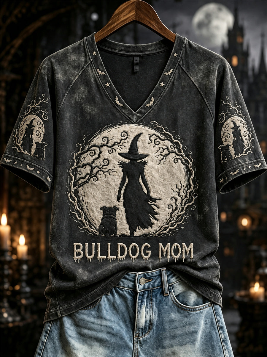 Women's Bulldog Mom Halloween Night Witch & Bulldog Print short sleeve T-shirt