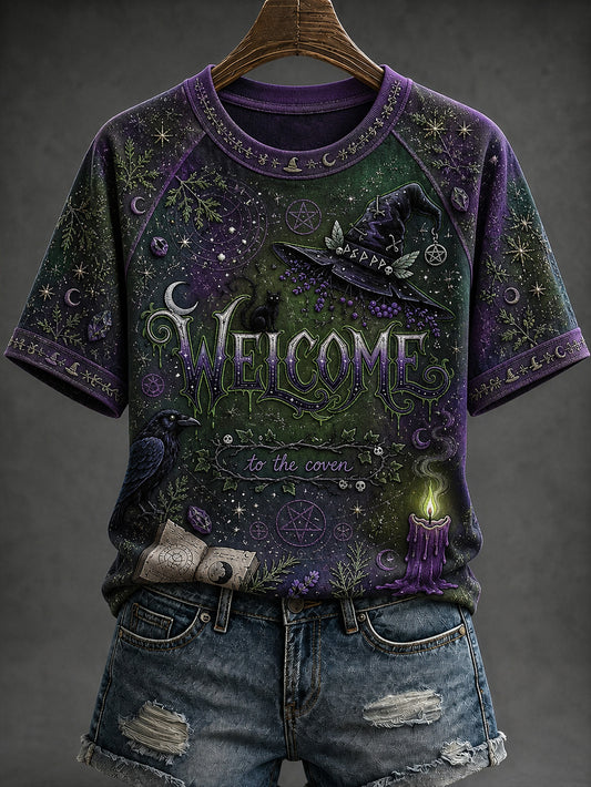 Women's Halloween Retro Dark Witch Pattern Printed Casual Short Sleeve T-Shirt
