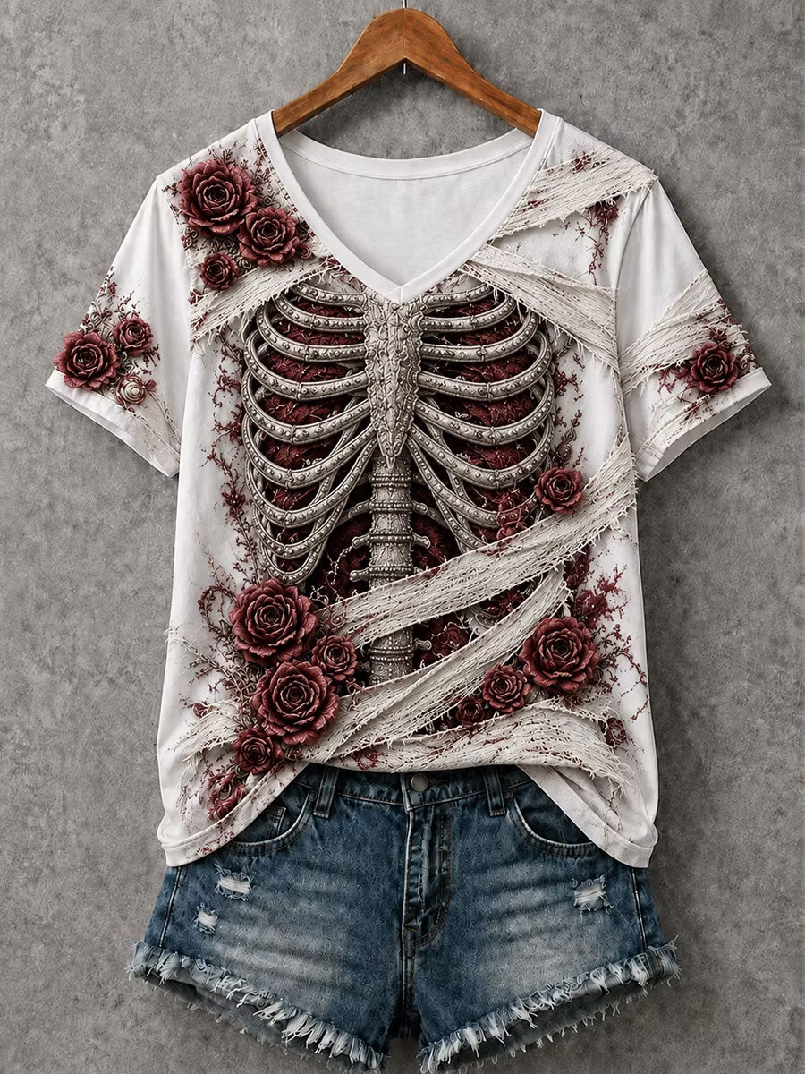 Women's Halloween  Skeleton Print Short-sleeved T-shirt