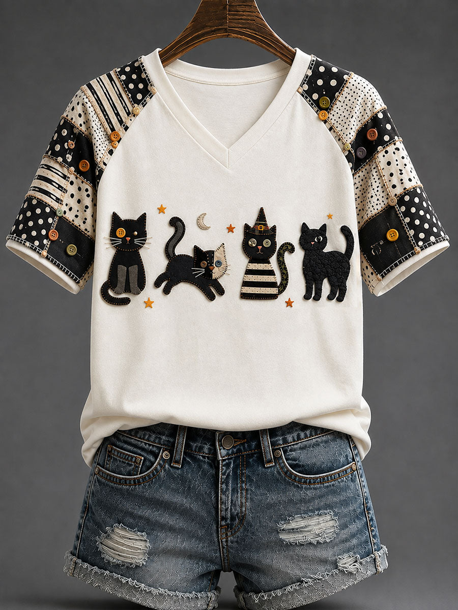 Women's Halloween Cat Gothic Art Print Casual T-shirt