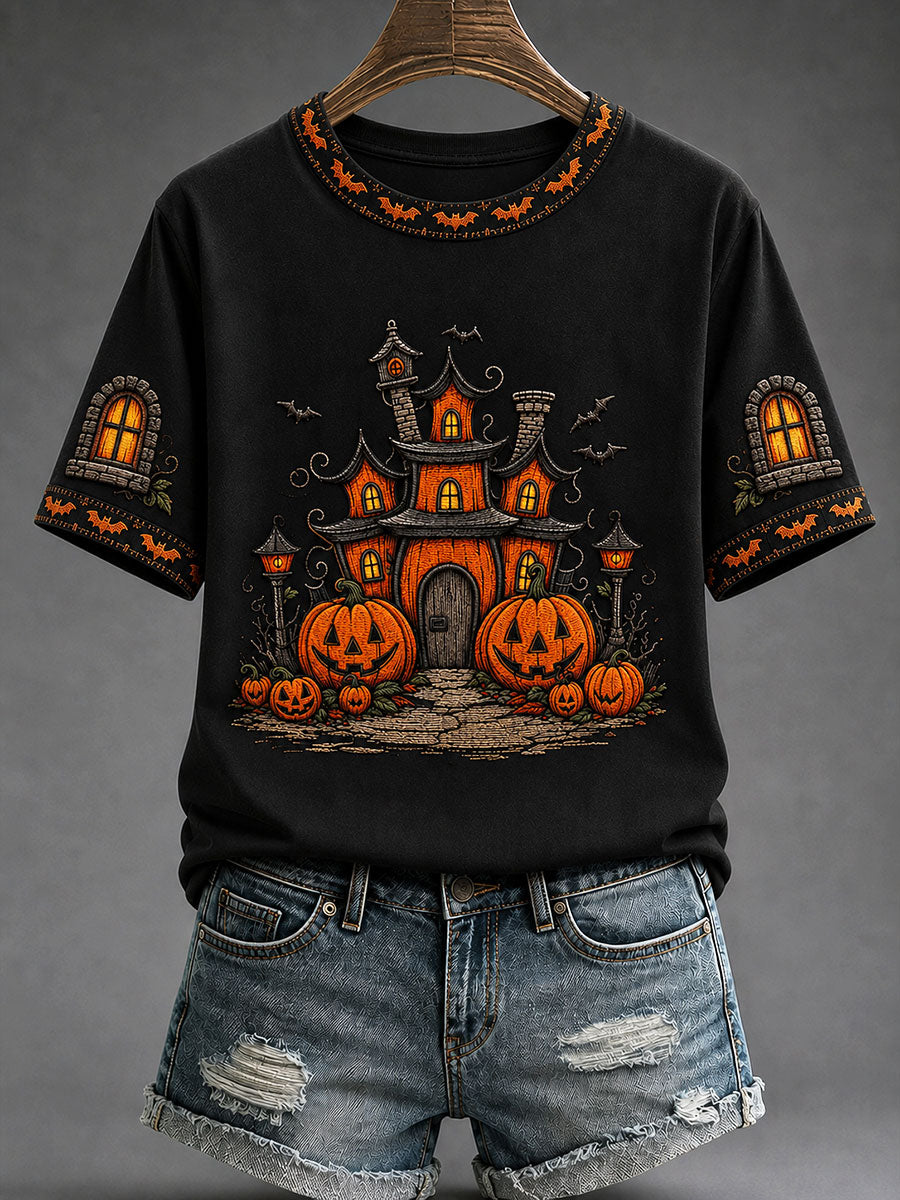 Women's Halloween Haunted House Gothic Art Print Casual T-shirt