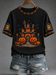 Women's Halloween Haunted House Gothic Art Print Casual T-shirt