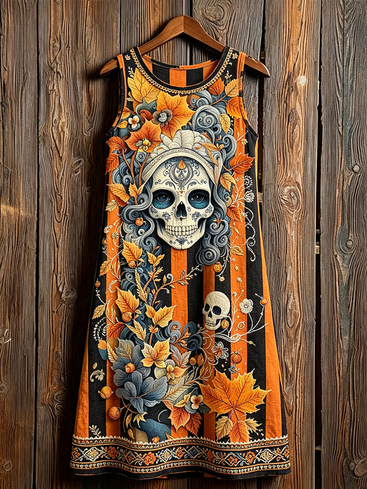 Women's Day of the Dead Plant And Flower Pattern Printed Casual  Sleeveless Dresses