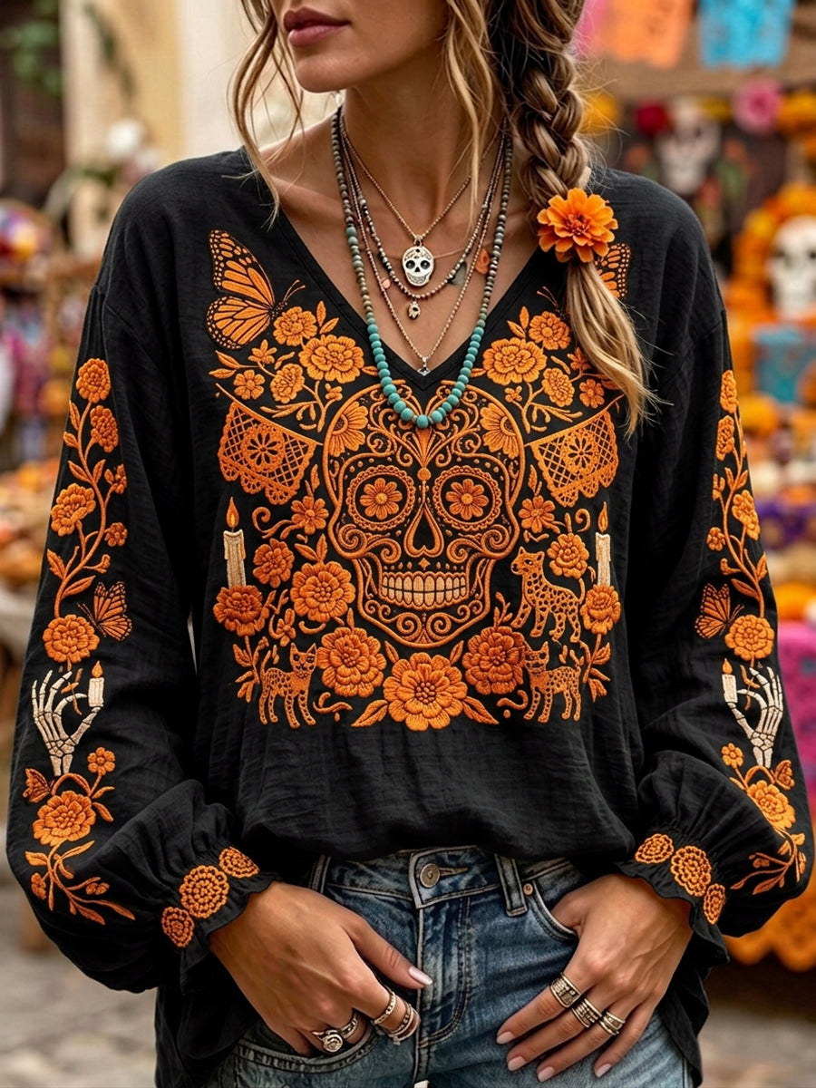 Women's Day Of The Dead Sugar Skull Mexican Floral Print Comfy V Neck Shirt