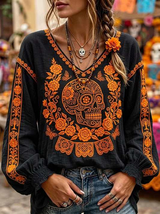 Women's Day Of The Dead Sugar Skull Mexican Floral Print Comfy V Neck Shirt