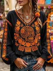 Women's Day Of The Dead Sugar Skull Mexican Floral Print Comfy V Neck Shirt