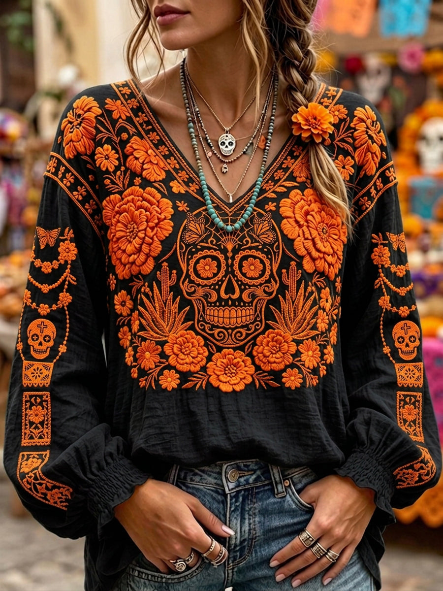 Women's Day Of The Dead Sugar Skull Mexican Floral Print Comfy V Neck Shirt