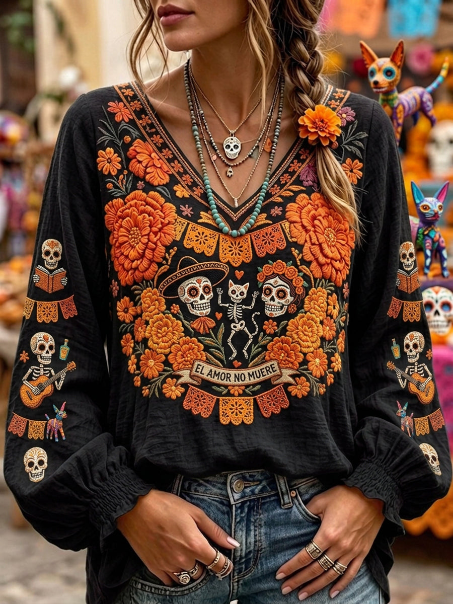 Women's Day Of The Dead Sugar Skull Mexican Floral Print Comfy V Neck Shirt