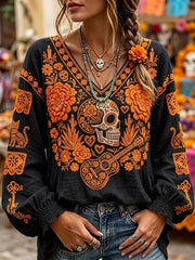 Women's Day Of The Dead Sugar Skull Mexican Floral Print Comfy V Neck Shirt