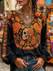 Women's Day Of The Dead Sugar Skull Mexican Floral Print Comfy V Neck Shirt