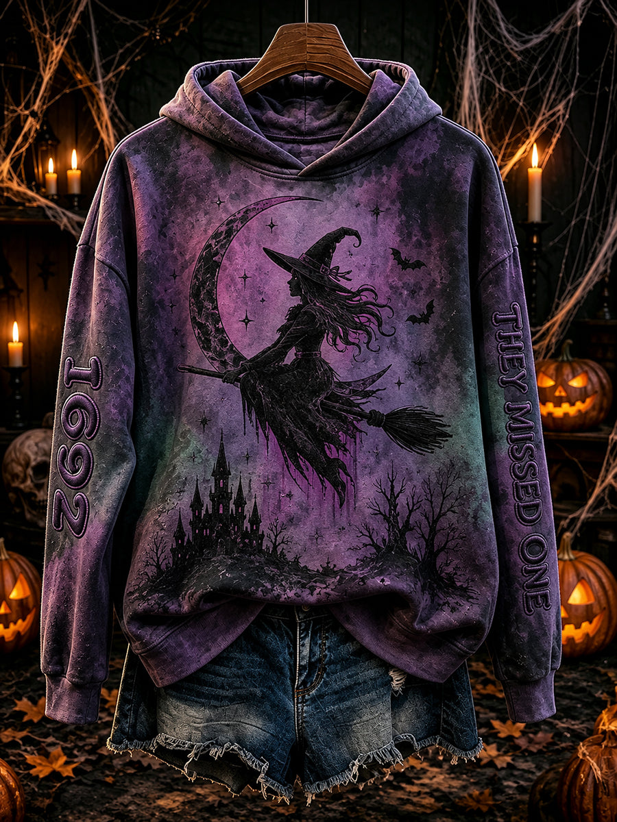 Women's Vintage 1692 They Missed One Flying Witch Print Comfy Hoodie