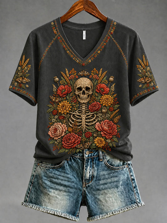 Women's Gothic Skull and Floral Casual T-shirt