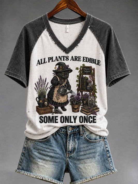 Women's "All Plants Are Edible Some Only Once" Halloween Cat Floral Print Casual T-shirt