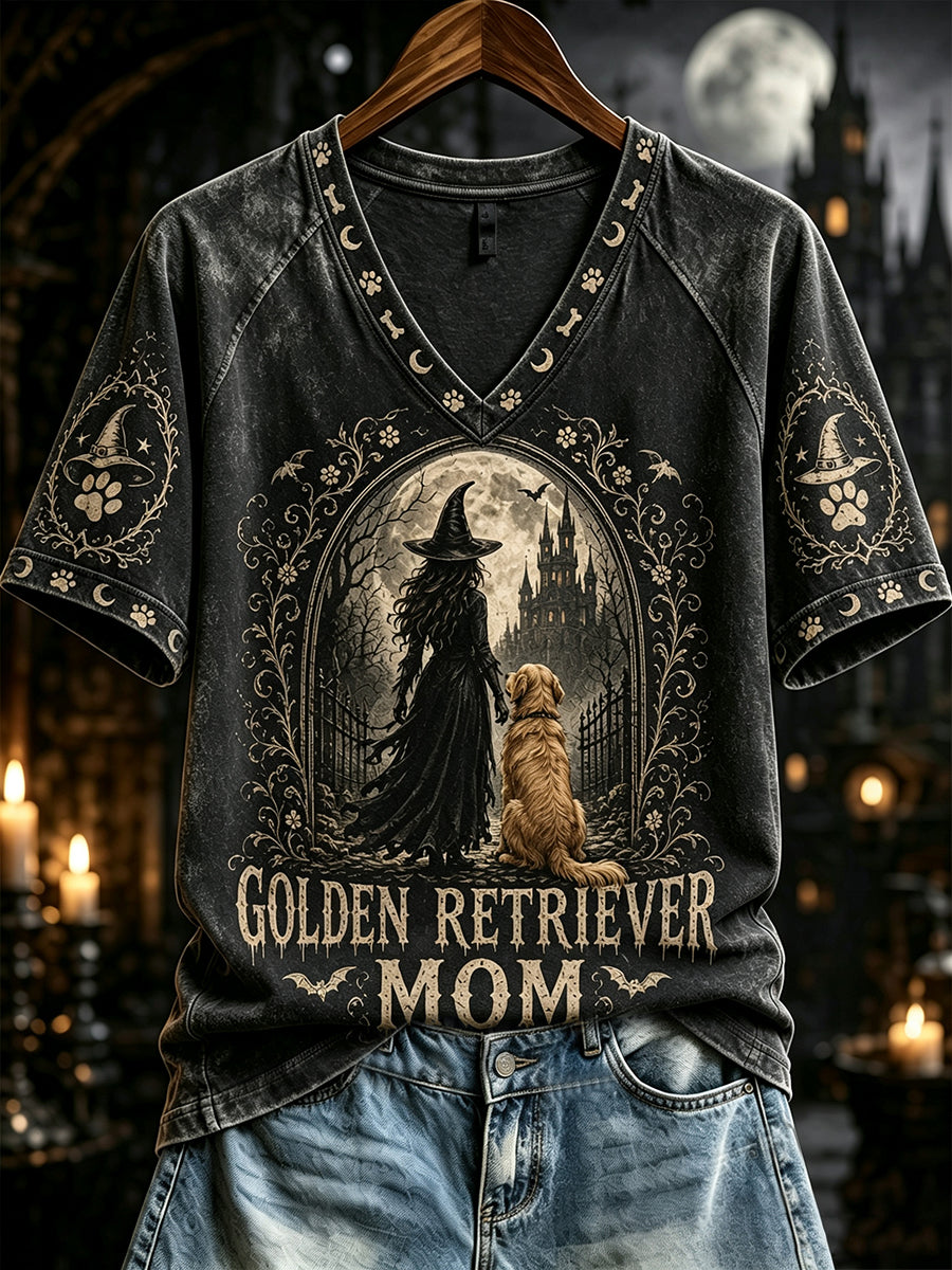 Women's Halloween Golden Retriever Mom Witch Print V-neck Short-sleeved T-shirt