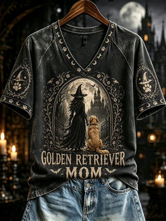 Women's Halloween Golden Retriever Mom Witch Print V-neck Short-sleeved T-shirt