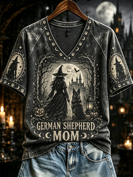 Women's Halloween German Shepherd Mom Witch Print V-neck Short-sleeved T-shirt