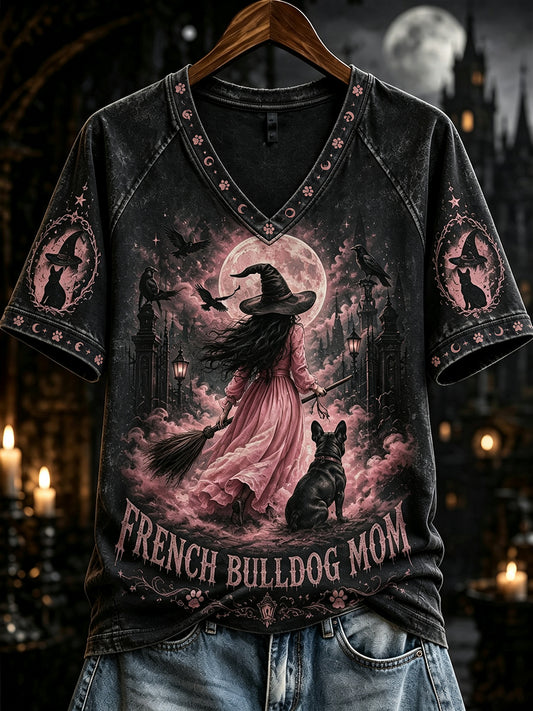 Women's Halloween French Bulldog Mom Witch Print V-neck Short-sleeved T-shirt