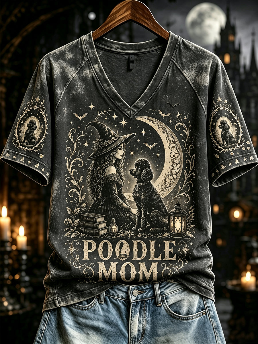 Women's Halloween Poodle Mom Witch Print V-neck Short-sleeved T-shirt