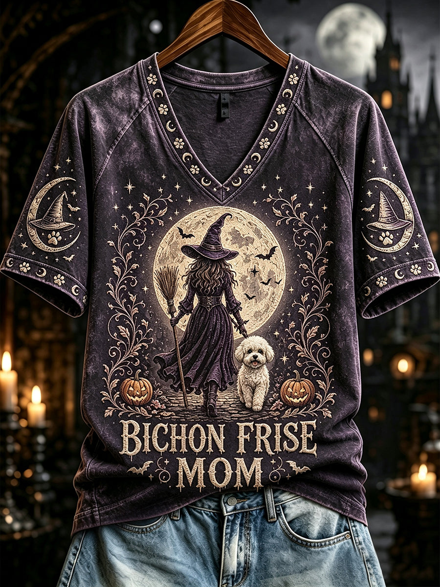 Women's Halloween Bichon Frise Mom Witch Print V-neck Short-sleeved T-shirt