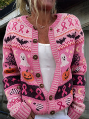 Women's Vintage Halloween Breast Cancer Pink Ribbon Isle Pattern Print Cardigan
