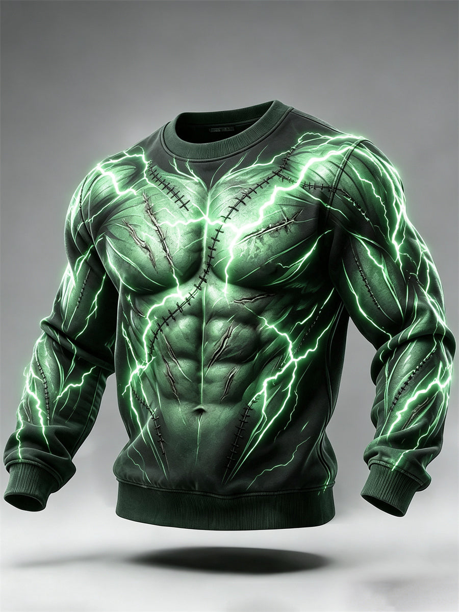 Men's Halloween Stitched Body Muscle Print Crew Neck Sweatshirt