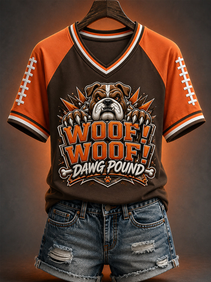 Women's Woof！Woof! Football Gameday Gift For Football Fans Casual V-Neck Tee