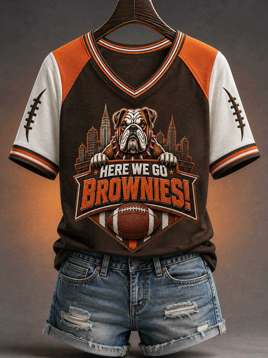 Women's Here We Go! Brownies Football Gameday Gift For Football Fans Casual V-Neck Tee