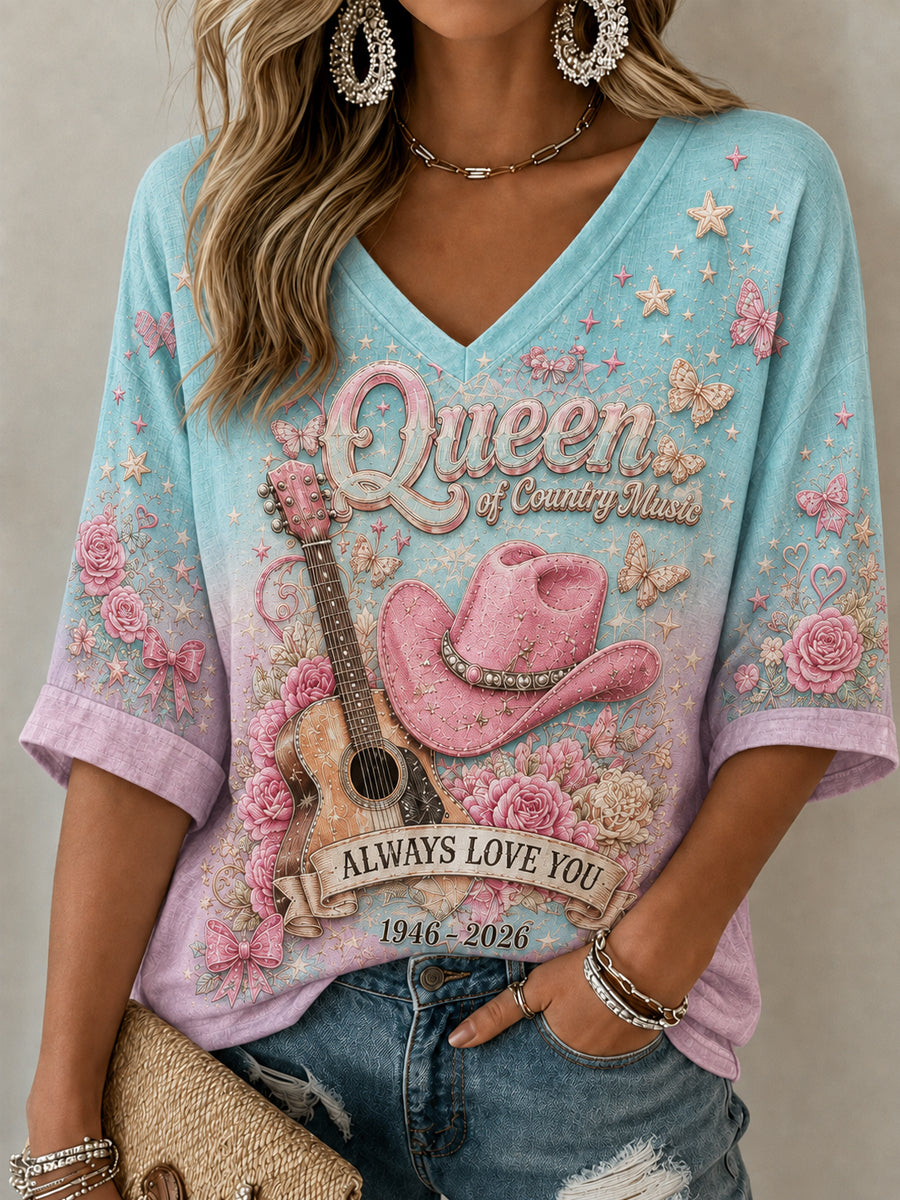Women's Country Legend Tribute Mid-length Sleeves V-Neck T-Shirt