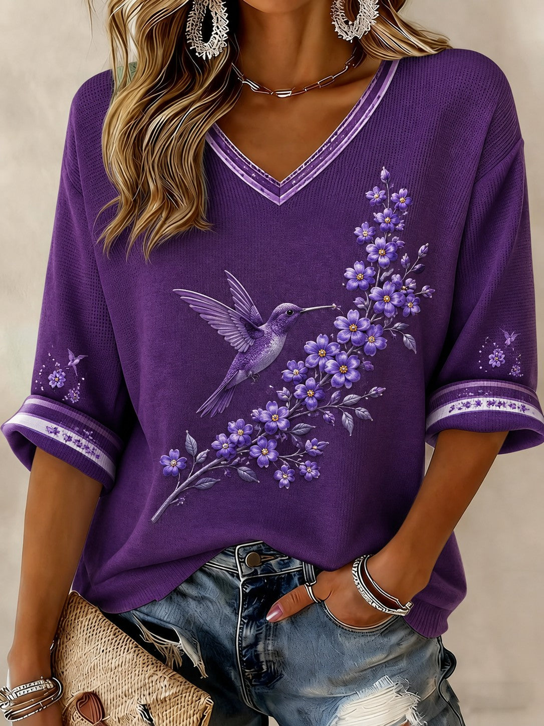 Women's Alzheimer's Disease Flowers Printed Mid-length Sleeves V-neck T-shirt