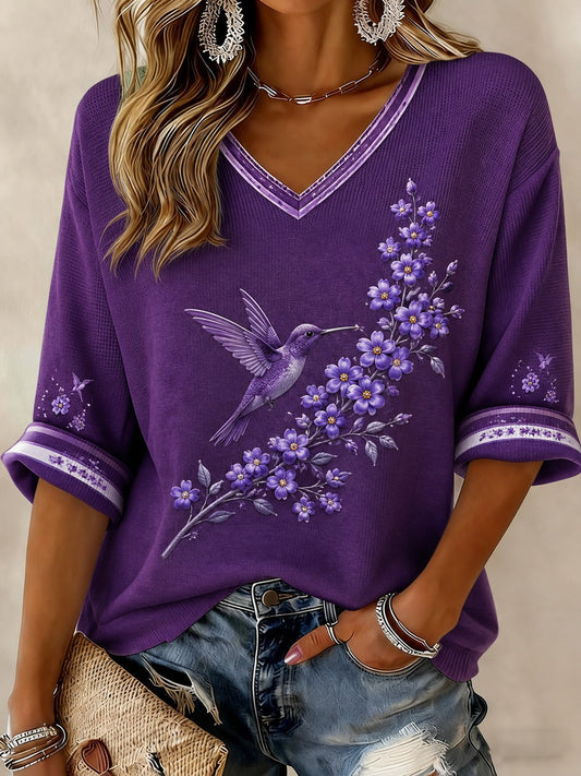 Women's Alzheimer's Disease Flowers Printed Mid-length Sleeves V-neck T-shirt