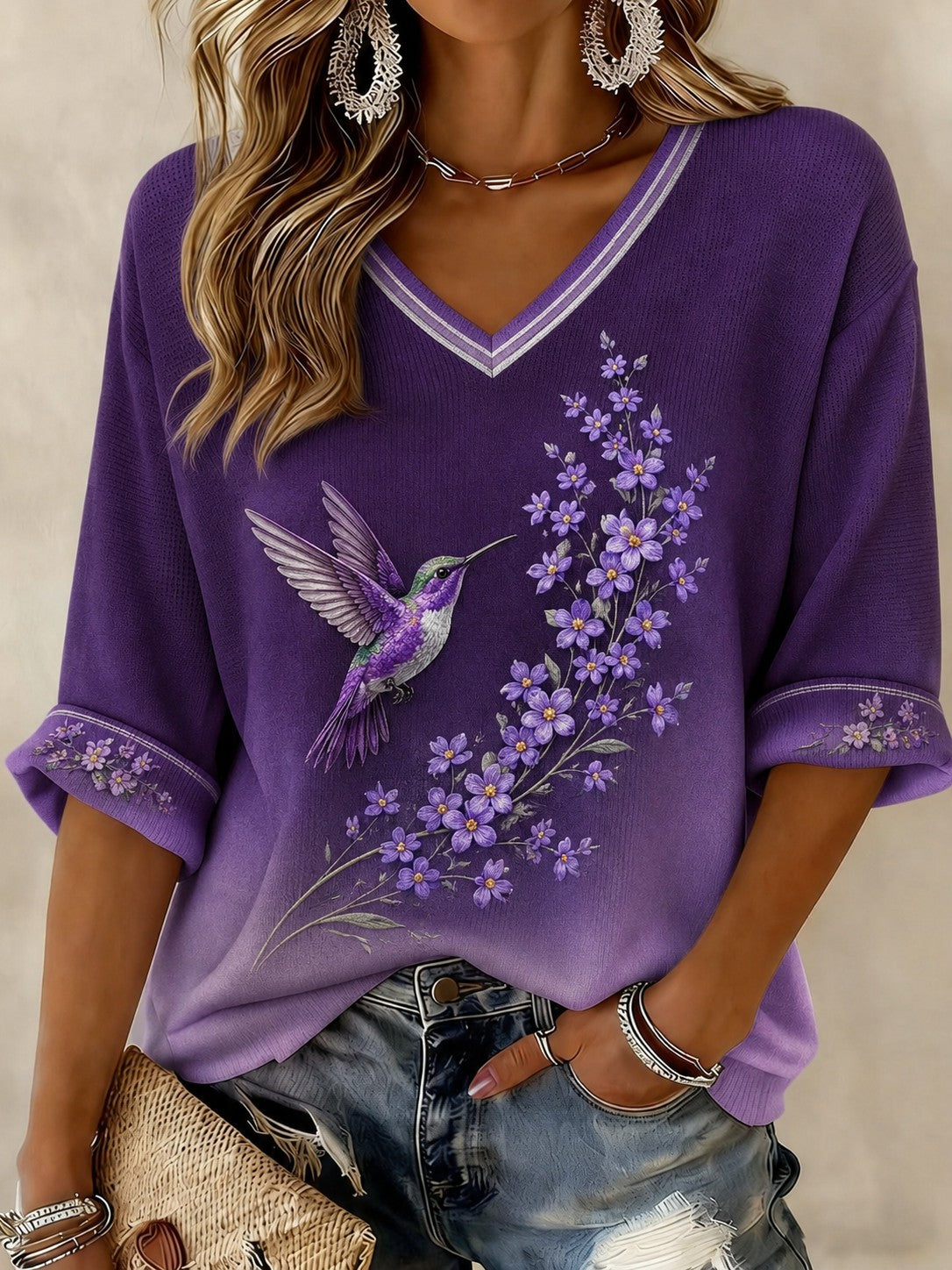 Women's Alzheimer's Disease Flowers Printed Mid-length Sleeves V-neck T-shirt