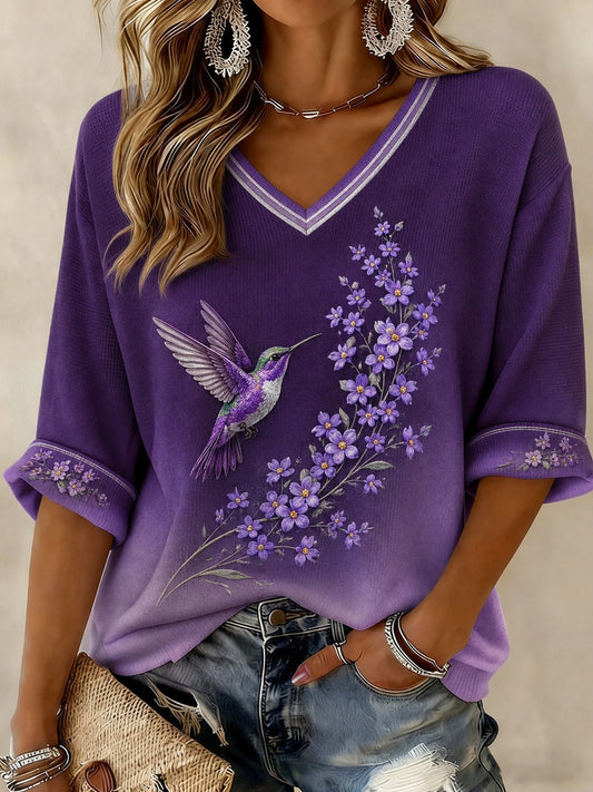 Women's Alzheimer's Disease Flowers Printed Mid-length Sleeves V-neck T-shirt