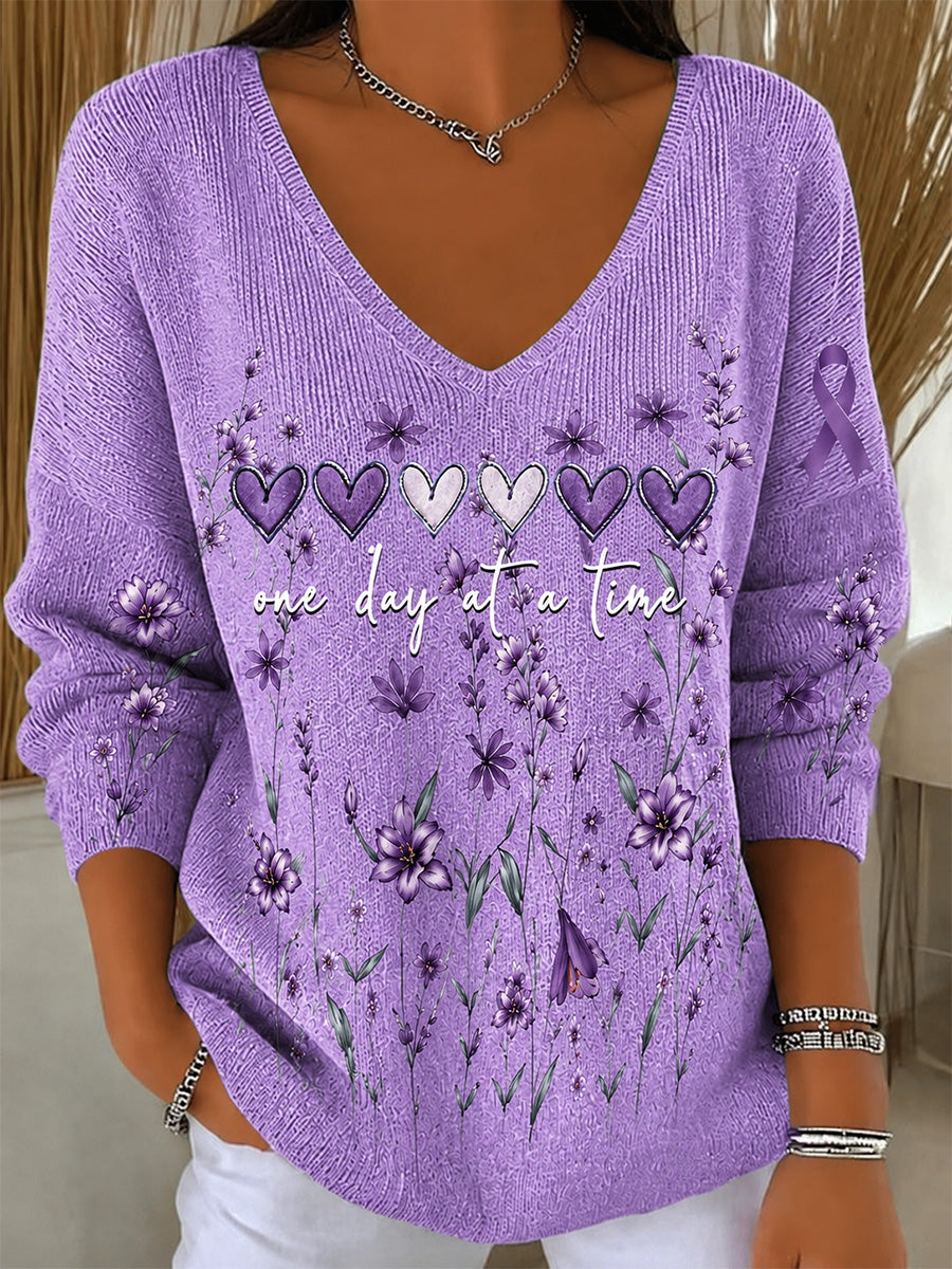Women's Purple Floral & Alzheimer's Awareness Support Print V-Neck Ribbed Top