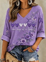 Women's Purple Floral & Alzheimer's Awareness Support Print V-Neck Tee