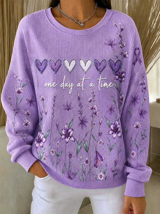Women's Purple Floral & Alzheimer's Awareness Support Print Ribbed Round-Neck Sweatshirt