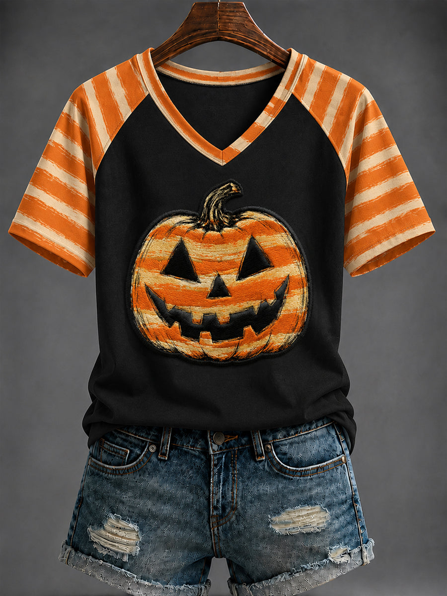 Women's Halloween Pumpkin Printed V-neck T-shirt