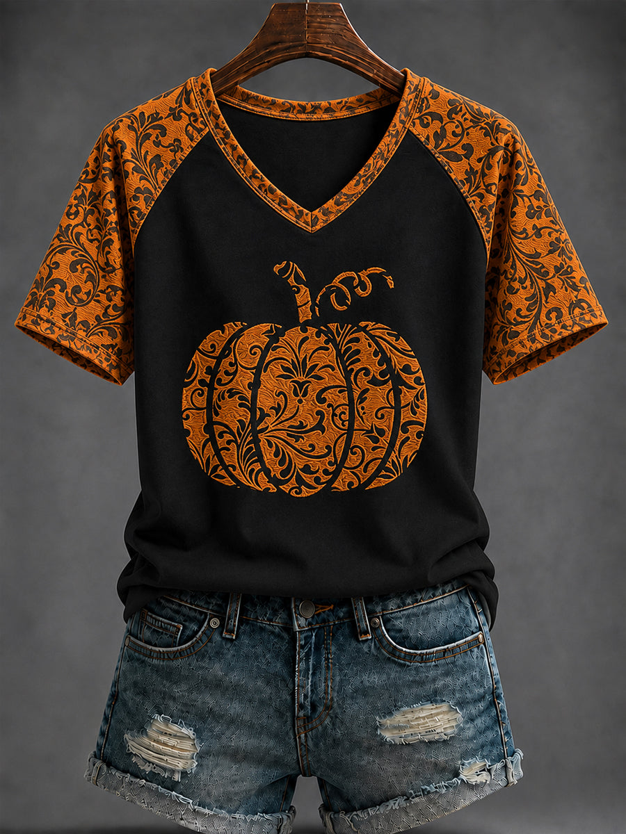 Women's Halloween Pumpkin Printed V-neck T-shirt