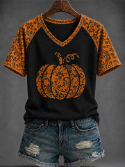 Women's Halloween Pumpkin Printed V-neck T-shirt
