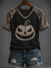 Women's Halloween Pumpkin Printed V-neck T-shirt