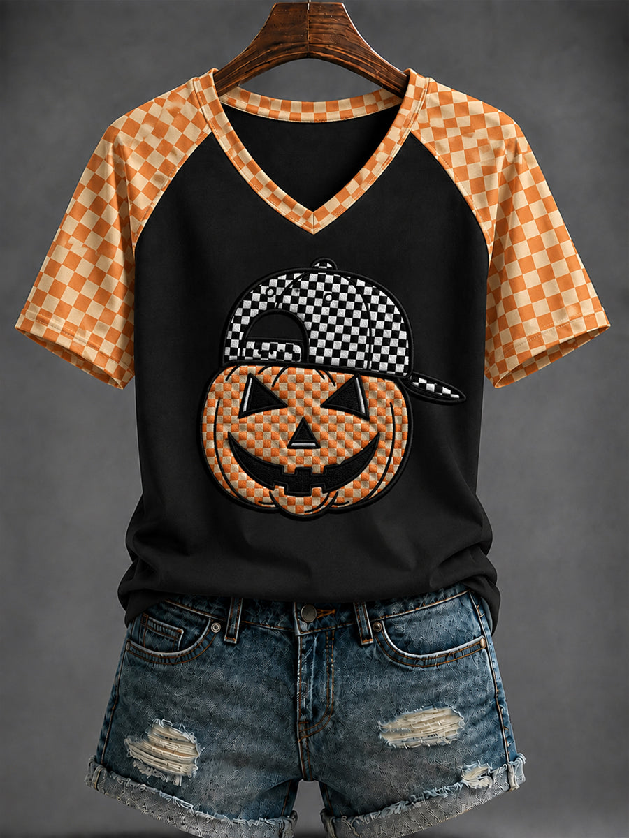 Women's Halloween Pumpkin Printed V-neck T-shirt