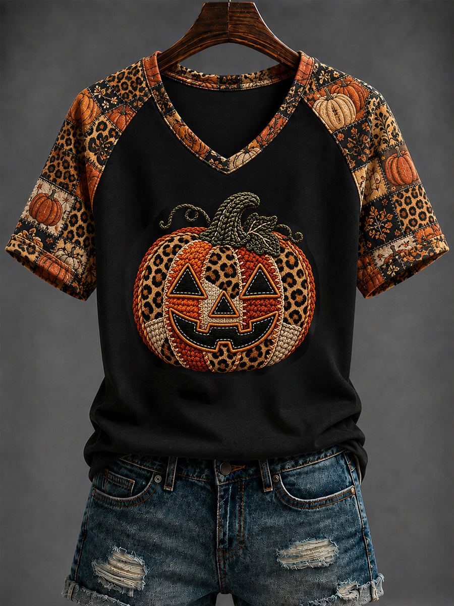 Women's Halloween Pumpkin Printed V-neck T-shirt