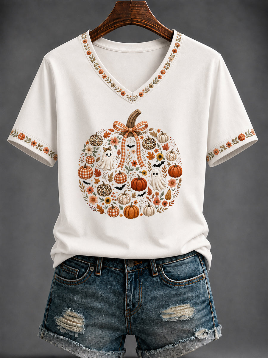 Women's Halloween Pumpkin Printed V-neck T-shirt