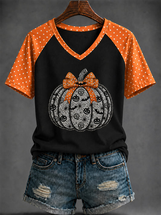 Women's Halloween Pumpkin Printed V-neck T-shirt
